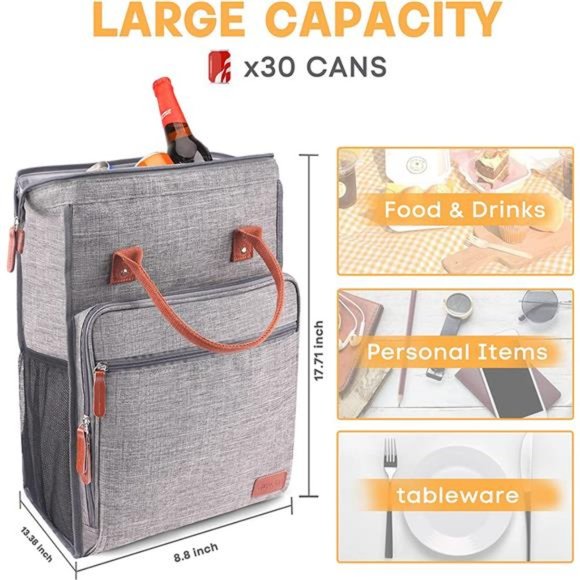 Cooler Backpack 30 Cans Insulated Leakproof Cooler Bag, Waterproof (Grey) - Picture 3 of 7